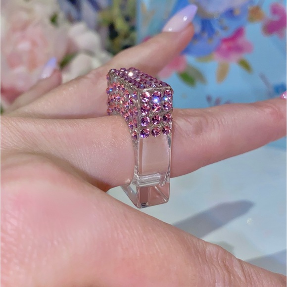 Clear Acrylic Ring With Pink Swarovski Crystals, Geometric Square Art Deco Ring - Picture 5 of 11